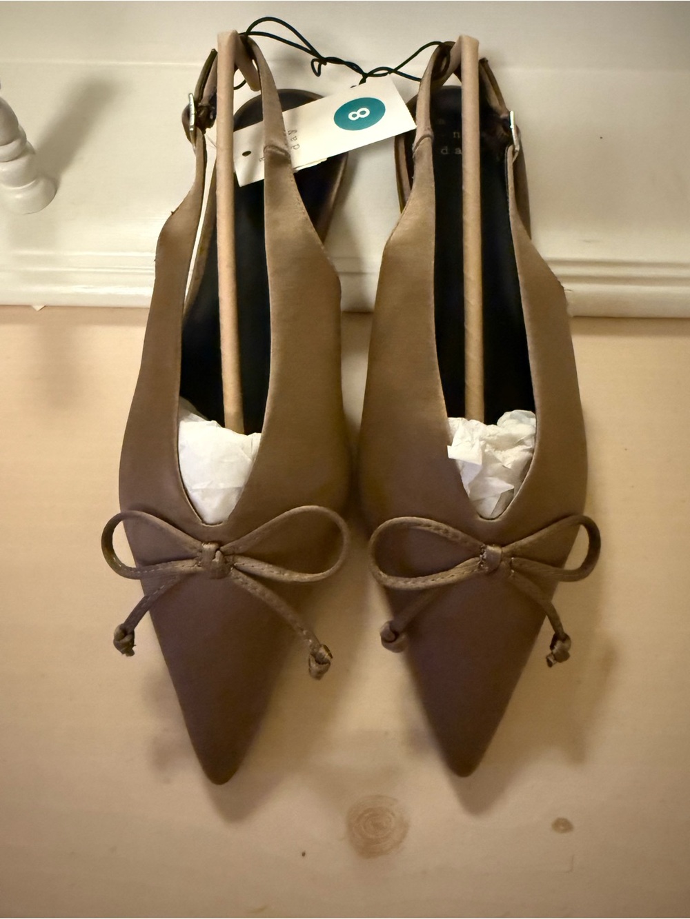 Pointed Toe Slingback Flats in Taupe with Bow
